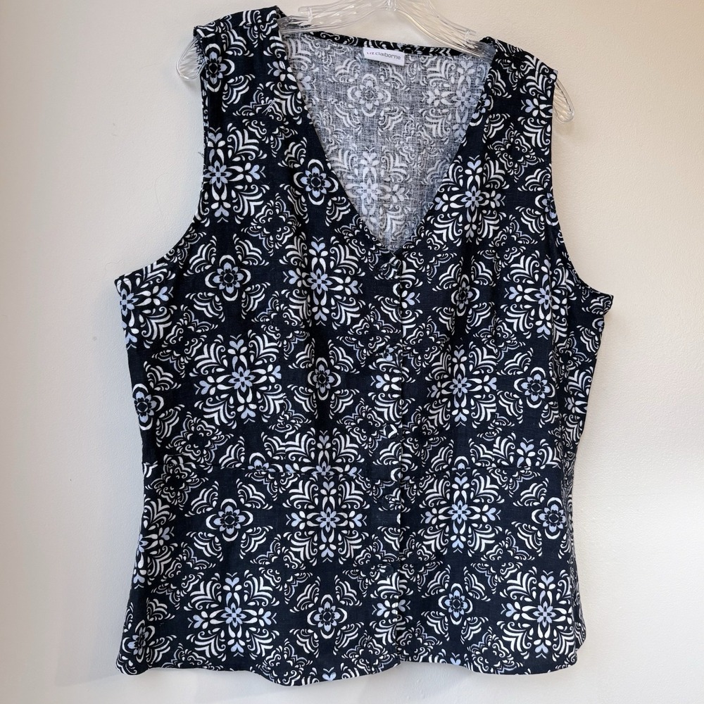 Liz Clairborne Women's Linen Blend Quilt Design Top 1X Blue Boho Beach Casual